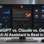 Three AI assistant interfaces compared on modern computer screens for writing, research, coding, and productivity