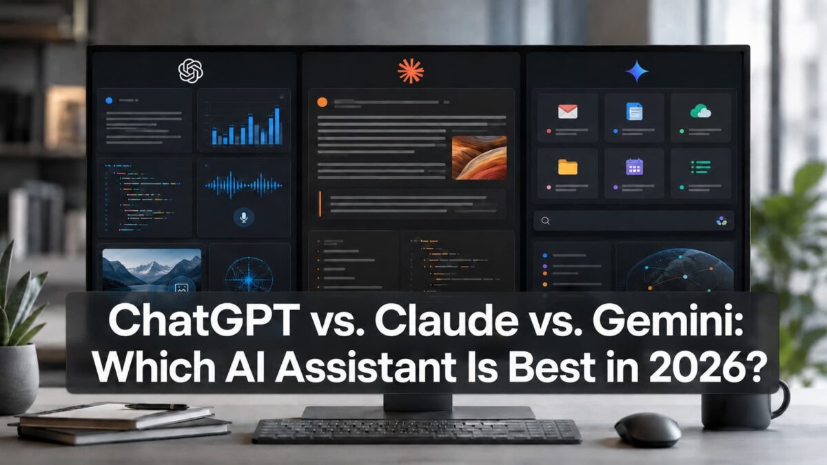 Three AI assistant interfaces compared on modern computer screens for writing, research, coding, and productivity