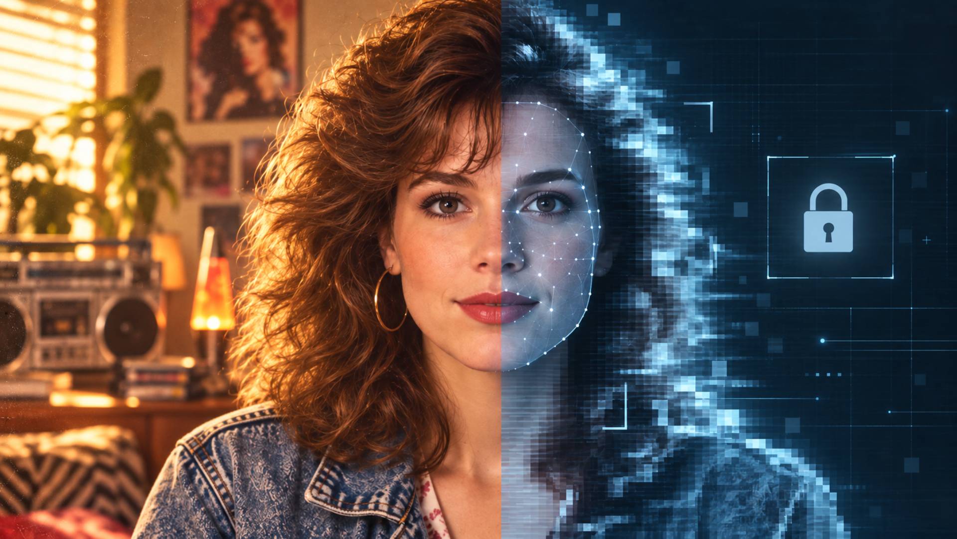 1980s-style AI portrait illustrating privacy and deepfake concerns